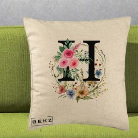 Cadou Personalizat - Perna Personalizata Monogram Litera H cu Flori Acuarela, 40x40 cm, Bej, Husa Detasabila, Perna Inclusa, BEKZ®