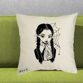 Perna Personalizata Wednesday cu Panza de Paianjen, 40x40 cm, Ecru, Husa Detasabila, Perna Inclusa, BEKZ®