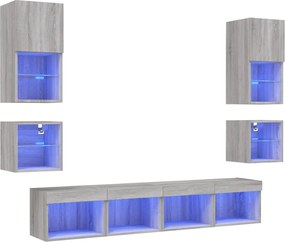 vidaXL Unități de perete TV cu LED-uri, 8 piese, gri sonoma, lemn