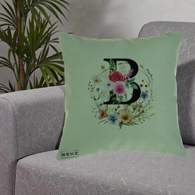 Cadou Personalizat - Perna Personalizata Monogram Litera B cu Flori Acuarela, 40x40 cm, Verde, Husa Detasabila, Perna Inclusa, BEKZ®