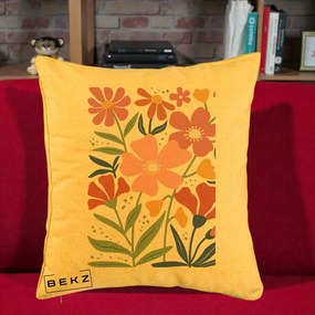 Perna Decorativa Flori Grafice Roz si Terracotta, 40x40 cm, Galben, Husa Detasabila, Perna Inclusa, BEKZ®