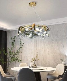 Lustră Suspendată din Sticlă – 10 Brațe, Fasung E14, Design Auriu Elegant, Ø75 cm, Înălțime Reglabilă