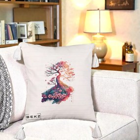 Perna Decorativa Copac Sakura Acuarela Fantasy, 40x40 cm, Bej cu Franjuri, Husa Detasabila, Perna Inclusa, BEKZ®
