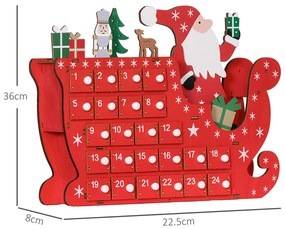 HOMCOM Calendar de Advent de umplut din lemn, decorațiune de Crăciun cu 24 sertare, Moș Crăciun și sanie, 22,5x8x36cm, roșu | Aosom Romania