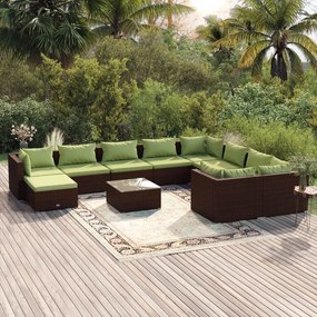 Set mobilier de gradina cu perne, 11 piese, maro, poliratan maro si verde, 4x colt + 5x mijloc + suport pentru picioare + masa, 1