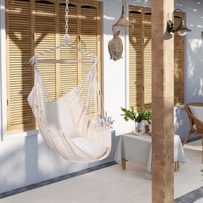 Outsunny Fotoliu suspendat exterior scaun-hamac cu 2 perne, interior și exterior, din țesătură bumbac amestec, crem | Aosom Romania