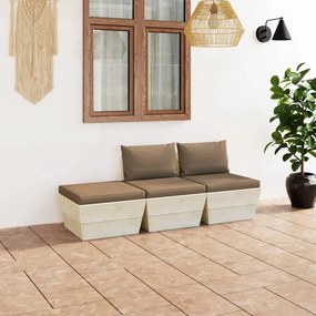 Set mobilier gradina din paleti, cu perne, 3 piese, lemn molid Gri taupe, 2x mijloc + suport pentru picioare, 1