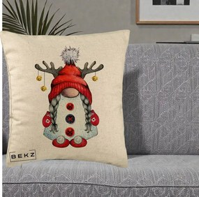 Perna Decorativa Pitic Gnom Craciun cu Coarne de Ren, 40x40 cm, Bej, Husa Detasabila, Perna Inclusa, BEKZ®