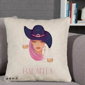 Perna Personalizata Zodiac Balanta Cowgirl, 40x40 cm, Bej Canapea, Husa Detasabila, Perna Inclusa, BEKZ®
