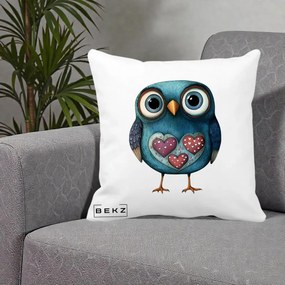 Perna Decorativa Bufnita Teal cu Doua Inimi, 40x40 cm, Alba Mata, Husa Detasabila, Perna Inclusa, BEKZ®