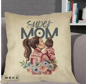 Cadou pentru Mama - Perna Personalizata Super Mom Mama cu Bebelusul, 40x40 cm, Crem, Husa Detasabila, Perna Inclusa, BEKZ®