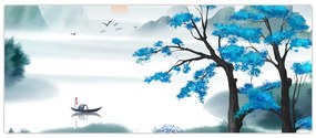 Tablou - Pictură, lac cu barcă (120x50 cm)