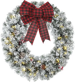 HOMCOM Coroniță de Crăciun 60 cm cu Lumini LED, Fundă în Carouri, Conuri de Pin și Bobițe, Verde | Aosom Romania