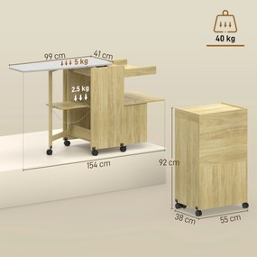 HOMCOM Dulap Masă de Călcat Rabatabilă cu Roți și Suport pentru Fier de Călcat, Dulap Multifuncțional cu Rafturi, Compartiment Deschis, pentru Spălătorie, Baie, 154x55x87 cm, Lemn Natural | Aosom Romania