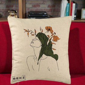 Perna Decorativa Portret Feminin Profil Flori Portocalii, 40x40 cm, Bej, Husa Detasabila, Perna Inclusa, BEKZ®