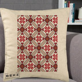 Perna Personalizata Motiv Traditional Ie Romaneasca Rosu, 40x40 cm, Bej, Husa Detasabila, Perna Inclusa, BEKZ®