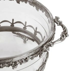 Suport lumânare din alamă și sticlă decorată manual, argintiu, cu două mânere sculptate și margine ornamentată, finisaj patinat, 14 x 15 cm, „Héloïse”