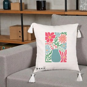 Perna Decorativa Flori in Vaza Turcoaz, 40x40 cm, Bej cu Franjuri, Husa Detasabila, Perna Inclusa, BEKZ®