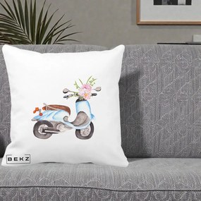 Perna Decorativa Scuter Albastru cu Flori Acuarela, 40x40 cm, Alba Mata, Husa Detasabila, Perna Inclusa, BEKZ®