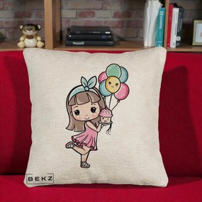 Perna Decorativa Fetita Kawaii cu Baloane si Cupcake, 40x40 cm, Bej Canapea, Husa Detasabila, Perna Inclusa, BEKZ®