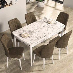 Set masa si 6 scaune colare masa marmurat bej scaune tapitat maro
