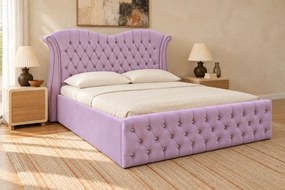 Pat tapițat Chesterfield Avella 140×200 cm, lila, cu ladă de depozitare