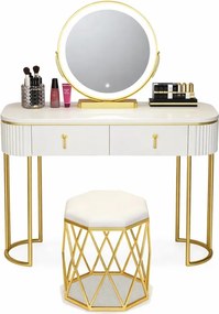 Set Lisa, Masă de toaletă pentru machiaj cu oglindă iluminată LED, control touch, sertar, taburet tapitat, Alb, 100x40x75 cm