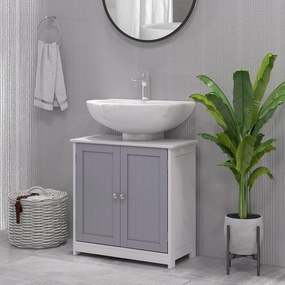 Kleankin Dulap Sub Chiuvetă Baie U-Shape 2 Uși Etajeră Reglabilă MDF Alb Gri 60x30x60cm | Aosom Romania