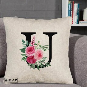 Cadou Personalizat - Perna Personalizata Monograma Florala Litera U, 40x40 cm, Bej Canapea, Husa Detasabila, Perna Inclusa, BEKZ®