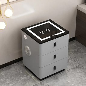 RESIGILAT- Set Margot Long, Masă de toaletă pentru machiaj cu oglindă iluminată LED, control touch, 6 sertare, comoda, scaun, Difuzor Bluetooth, zona încărcare fără fir, Gri, 100x40x75 cm