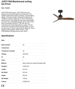 Ventilator de tavan cu telecomanda design modern JUST FAN negru/lemn nuc