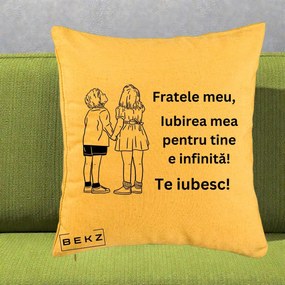 Cadou pentru Frate - Perna Personalizata Fratele Meu Te Iubesc Copii Tinand Maini Line Art, 40x40 cm, Galben, Husa Detasabila, Perna Inclusa, BEKZ®