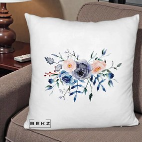 Perna Decorativa Buchet Flori Albastre Acuarela, 40x40 cm, Alb Pufos, Husa Detasabila, Perna Inclusa, BEKZ®