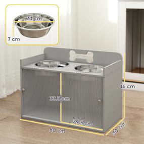 PawHut Stație de hrănire ridicată cu 2 boluri și dulap, MDF, oțel inoxidabil, model cu oase, Gri | Aosom Romania