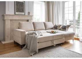 Colțar bej extensibil cu tapițerie din catifea reiată (cu colț pe partea dreaptă) Lofty Lilly – Miuform