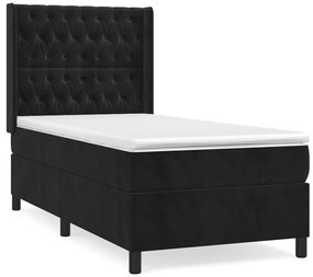 Pat box spring cu saltea, negru, 90x200 cm, catifea Negru, 90 x 200 cm, Design cu nasturi