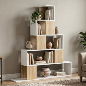 HOMCOM Bibliotecă cu 5 Rafturi Tip Trepte, Alb și Lemn Natural | Aosom Romania