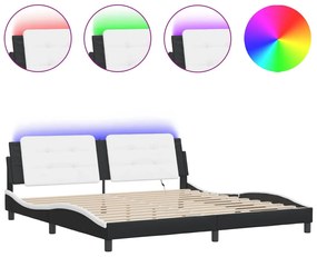 3214136 vidaXL Cadru de pat cu lumini LED negru/alb 200x200 cm piele ecologică