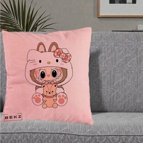 Perna Personalizata Labubu x Hello Kitty, 40x40 cm, Roz, Husa Detasabila, Perna Inclusa, BEKZ®