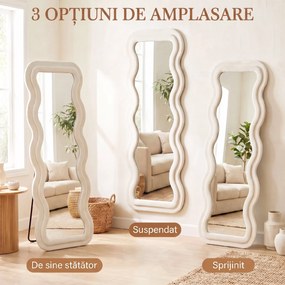 HOMCOM Oglindă de Podea Autoportantă cu Ramă Ondulată din Catifea, 160x60 cm, Sticlă Securizată, Crem | Aosom Romania