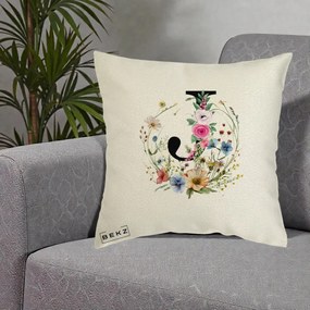 Cadou Personalizat - Perna Personalizata Monogram Litera J cu Flori Acuarela, 40x40 cm, Ecru, Husa Detasabila, Perna Inclusa, BEKZ®