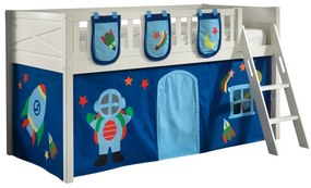 Pat ridicat pentru copii SCOTT, alb, 90 x 200 cm, din pin scandinav și MDF, cu scară frontală, perdea de joacă ASTRO și 3 saci de depozitare – Vipack