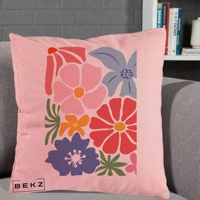 Perna Decorativa Flori Grafice Roz-Rosu-Albastru, 40x40 cm, Roz, Husa Detasabila, Perna Inclusa, BEKZ®