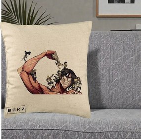 Perna Personalizata Attack on Titan Eren Titan Grup, 40x40 cm, Bej, Husa Detasabila, Perna Inclusa, BEKZ®
