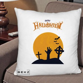 Perna Decorativa Happy Halloween Cimitir cu Luna, 40x40 cm, Alb Pufos, Husa Detasabila, Perna Inclusa, BEKZ®