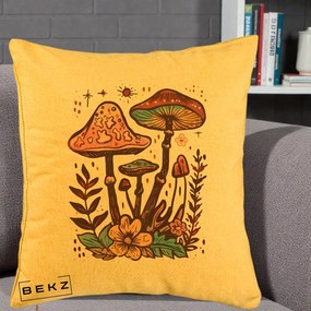 Perna Decorativa Ciuperci Boho Multicolore, 40x40 cm, Galben, Husa Detasabila, Perna Inclusa, BEKZ®