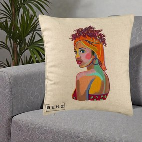 Perna Decorativa Portret Femeie Colorat Pop Art, 40x40 cm, Bej, Husa Detasabila, Perna Inclusa, BEKZ®