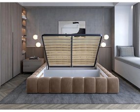 Pat matrimonial maro deschis tapițat cu spațiu de depozitare cu somieră 160x200 cm Lamica – ELTAP