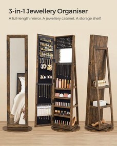 Dulap bijuterii cu oglinda, MDF melaminat / catifea, maro rustic, Songmics