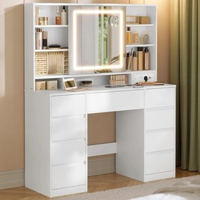 SEA822 - Set Masa toaleta 110 cm, 9 Sertare, Oglinda cu LED, Priza, USB si USB-C, masuta vanity, make-up cu Organizator Bijuterii - Alb